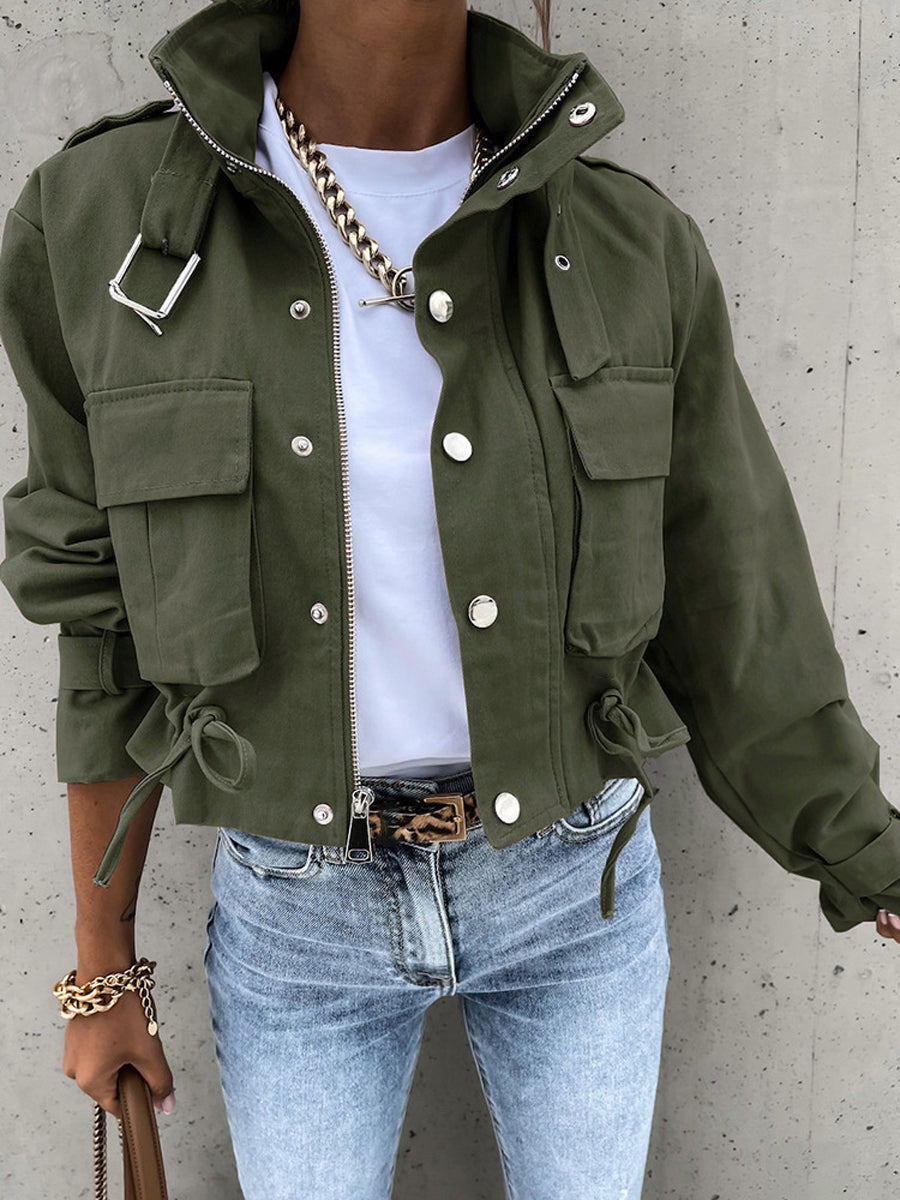 Printed Stand-Collar Drawstring Button-Detail Jacket