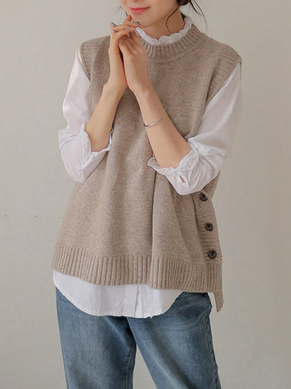 Round-Neck Button-Detail Sleeveless Relaxed Vest