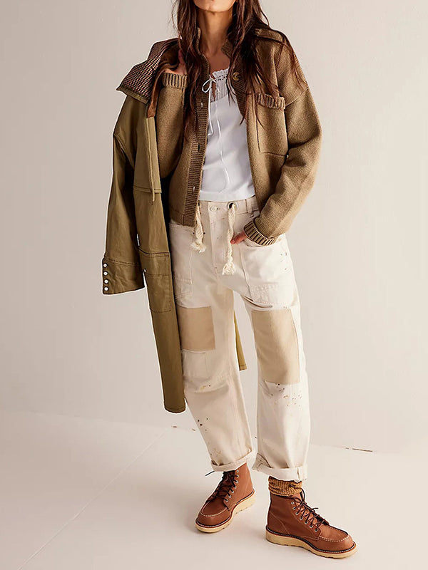 Stand-Collar Button-Detail Pocket Long-Sleeve Cardigan
