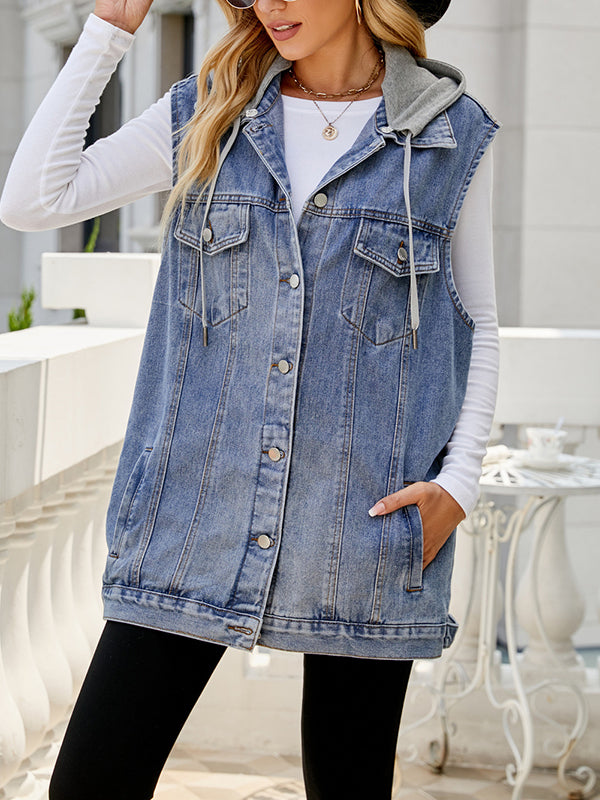 Hooded Drawstring Button-Detail Pocket Vest