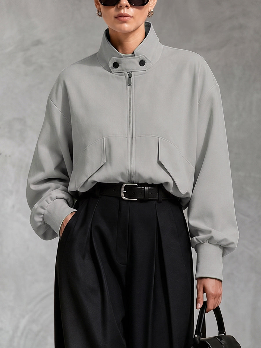 Stand-Collar Zip Long-Sleeve Relaxed Jacket