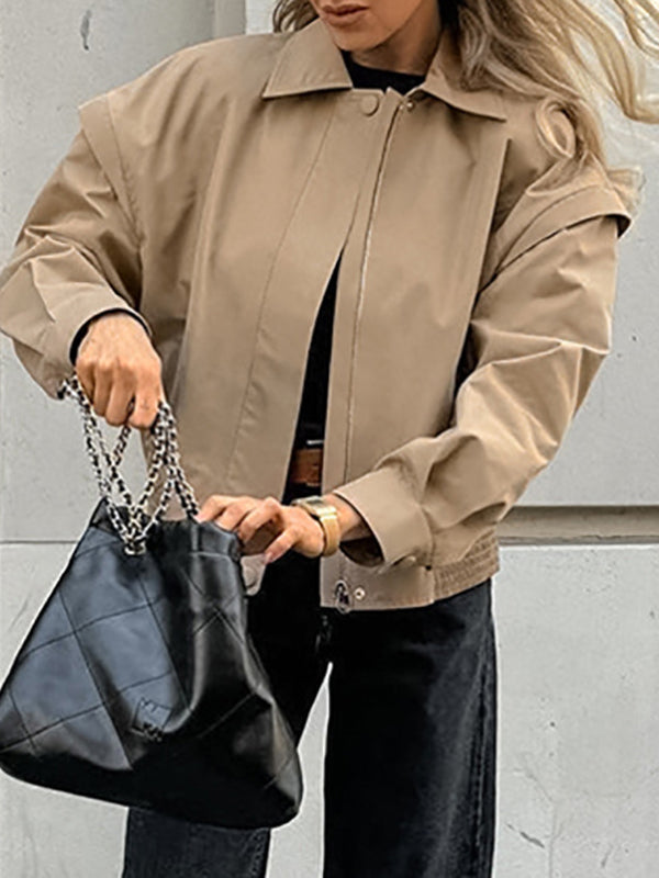 Button-Detail Zip Long-Sleeve Elastic Jacket
