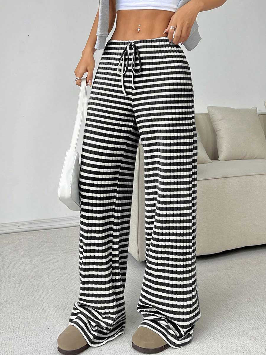 Striped High-Waist Drawstring Contrast Pants