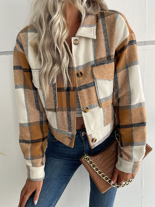 Checked Button-Detail Pocket Long-Sleeve Jacket