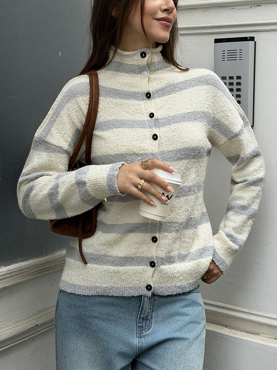 Striped Button-Detail Long-Sleeve Contrast Cardigan