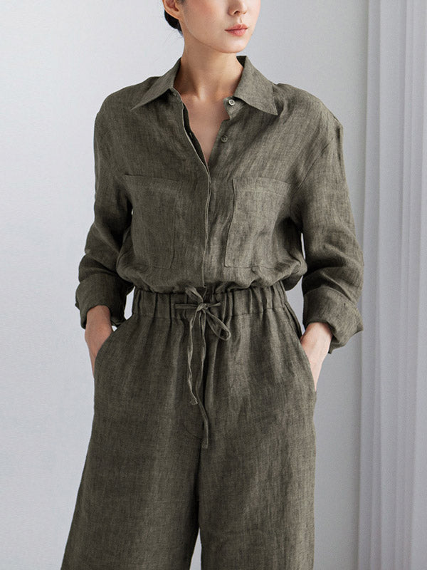 Linen Wide-Leg Drawstring Long-Sleeve Jumpsuit