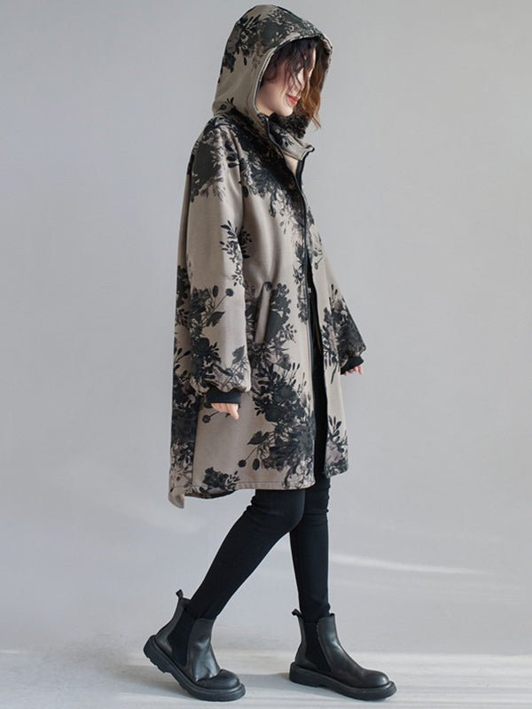 Floral Hooded Long-Sleeve Relaxed Jacket