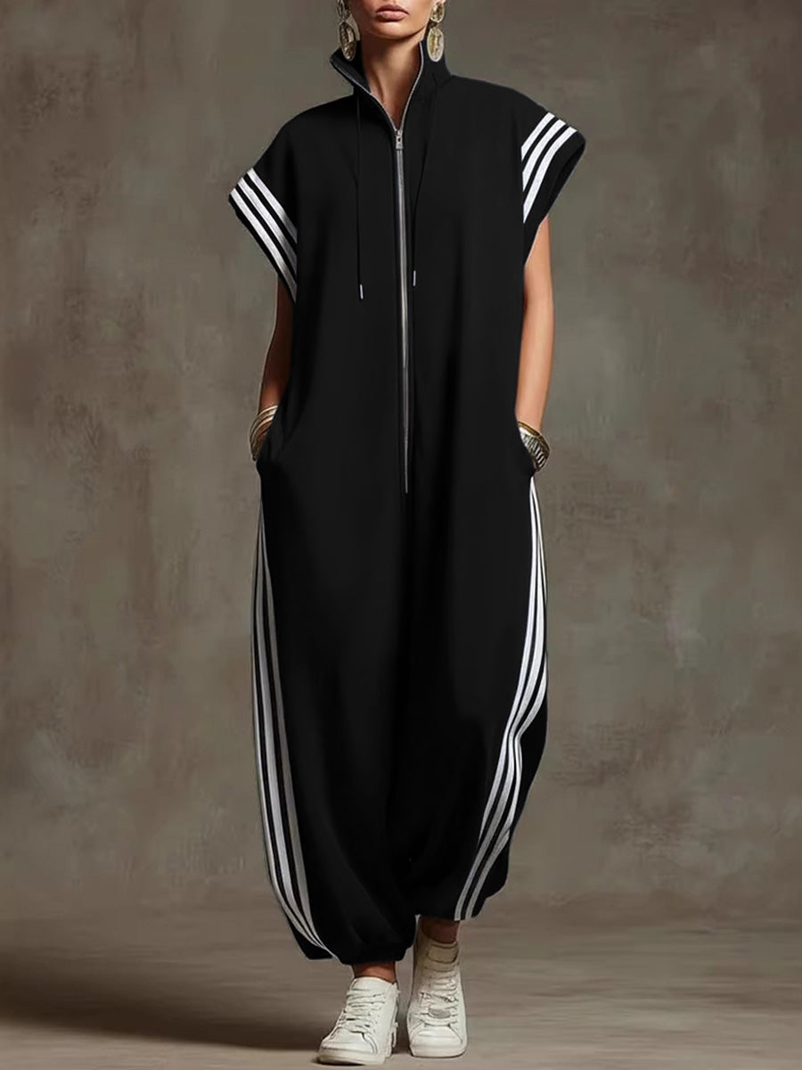 Striped Plus Size Stand-Collar Zip Jumpsuit
