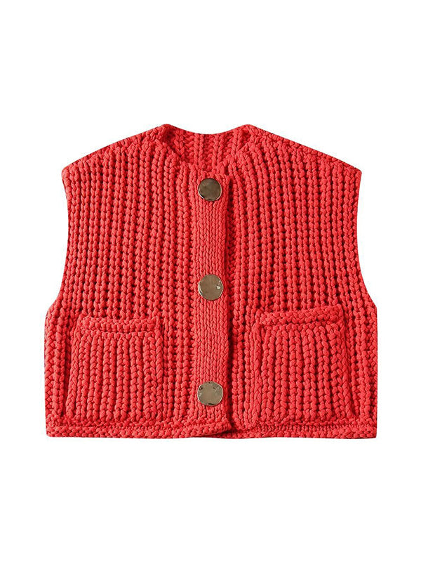 Knit Button-Detail Pocket Sleeveless Cardigan