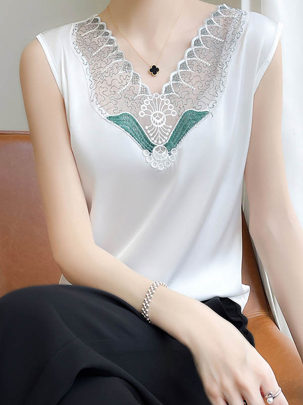 V-Neck Embroidered Sleeveless Relaxed Vest