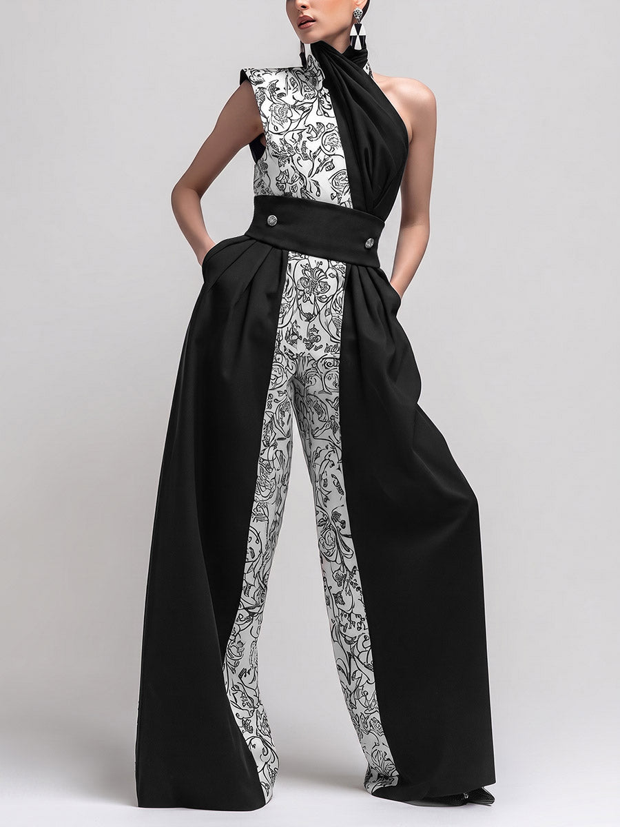 Floral Wide-Leg One-Shoulder Pleated Jumpsuit