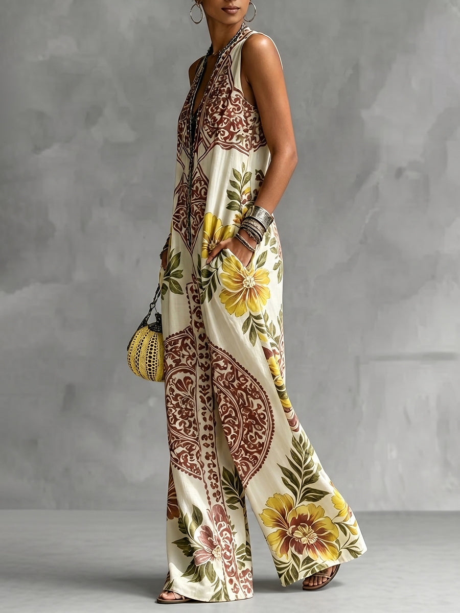 Floral V-Neck Pocket Sleeveless Jumpsuit