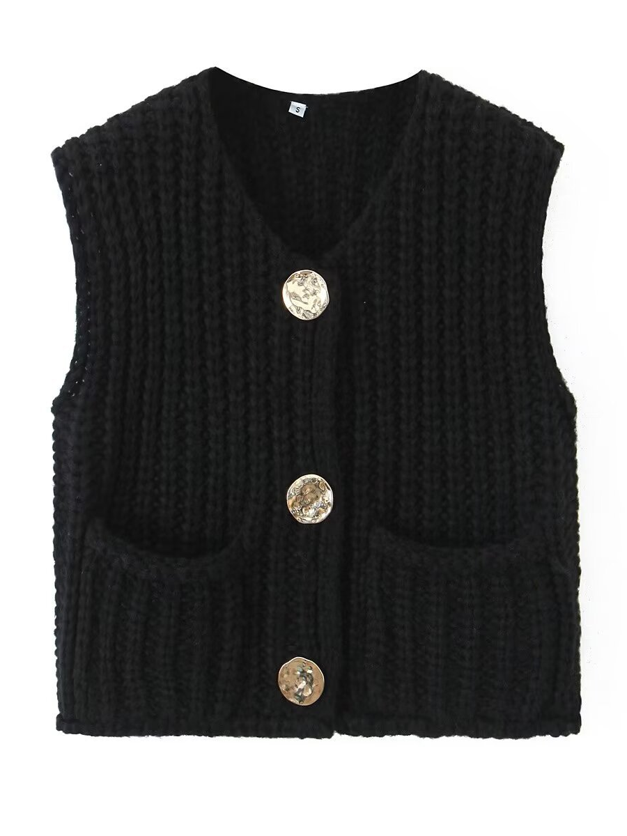 Knit Button-Detail Pocket Sleeveless Cardigan