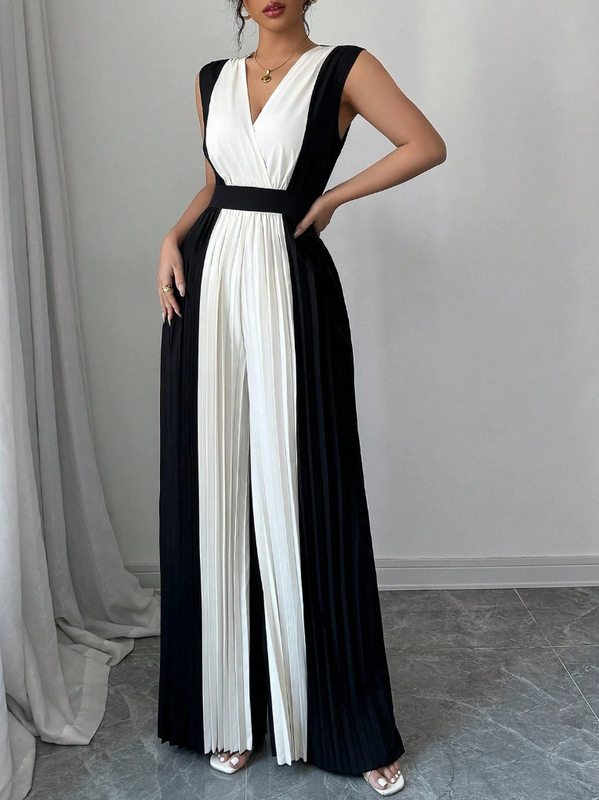 High-Waist V-Neck Pleated Relaxed Jumpsuit