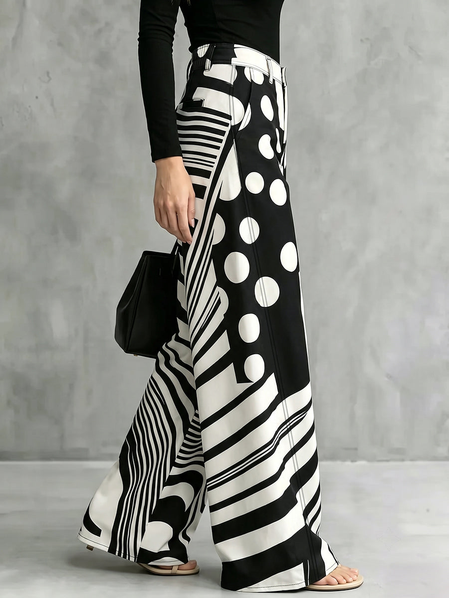 Striped Wide-Leg Button-Detail Zip Pants