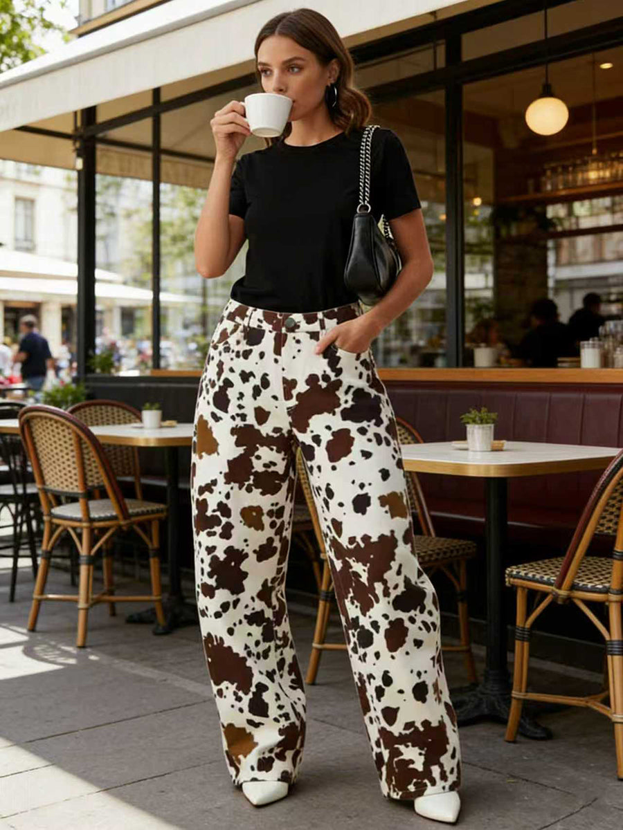 Printed High-Waist Contrast Pants