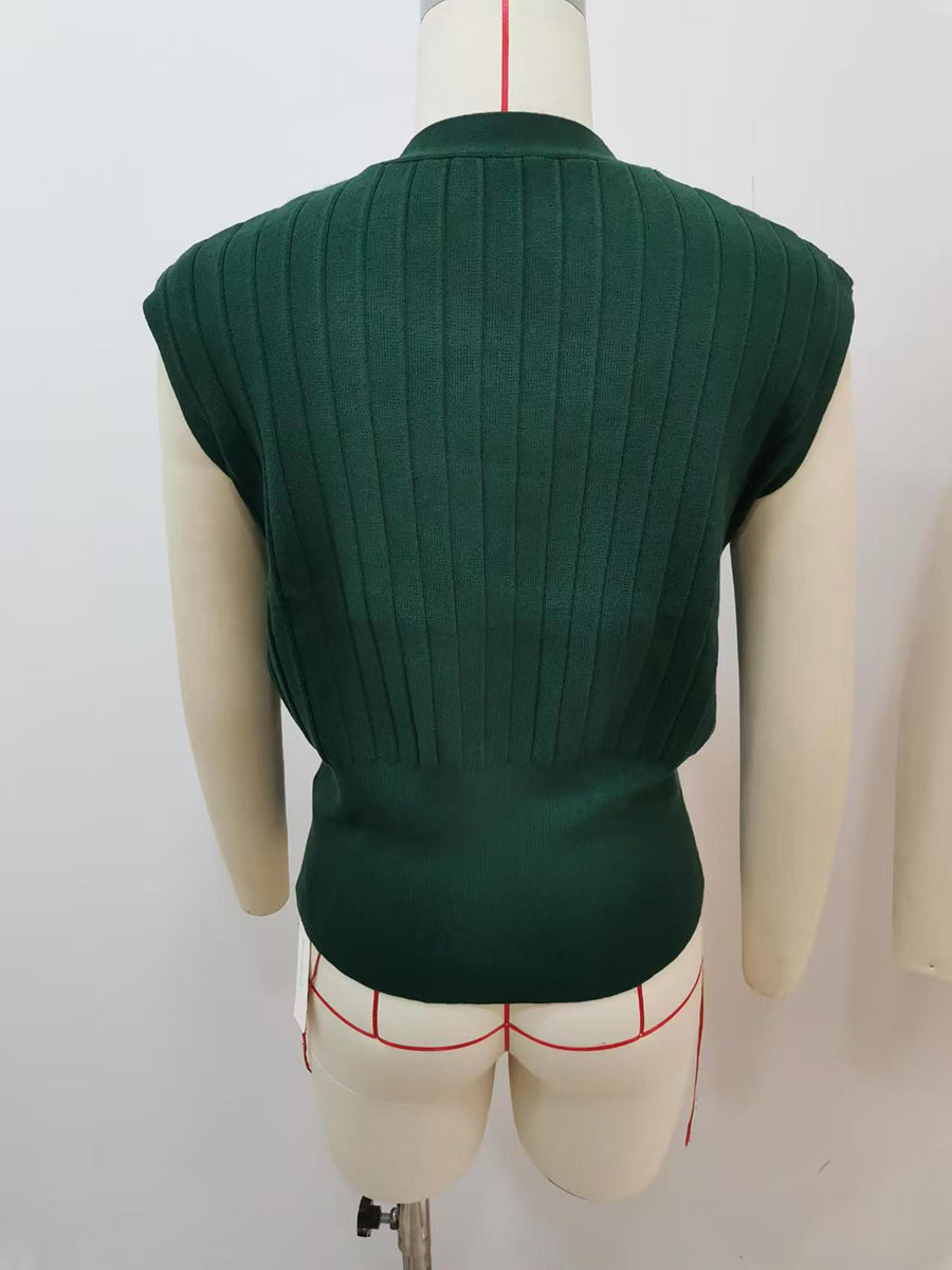 Ribbed Knit High-Waist V-Neck Buckle Vest