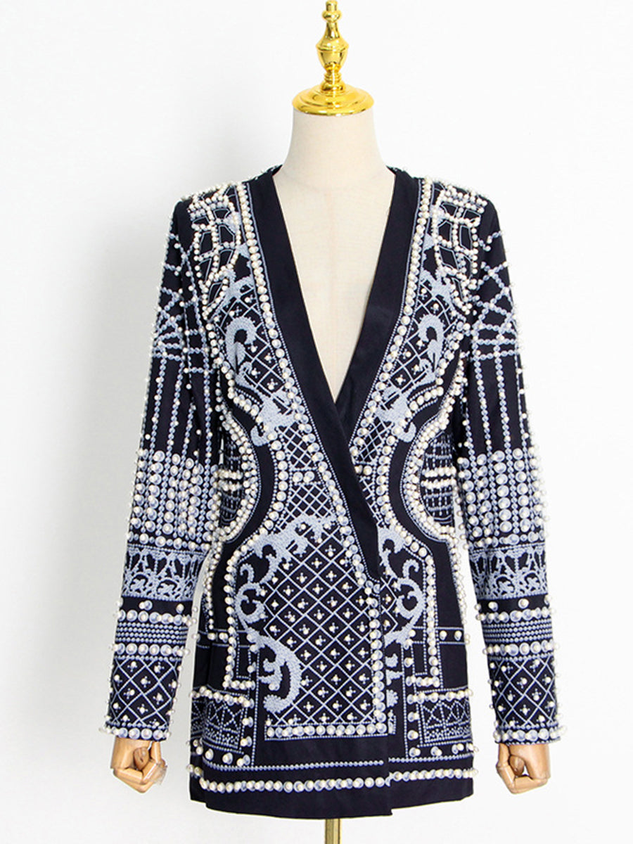Printed V-Neck Long-Sleeve Relaxed Blazer