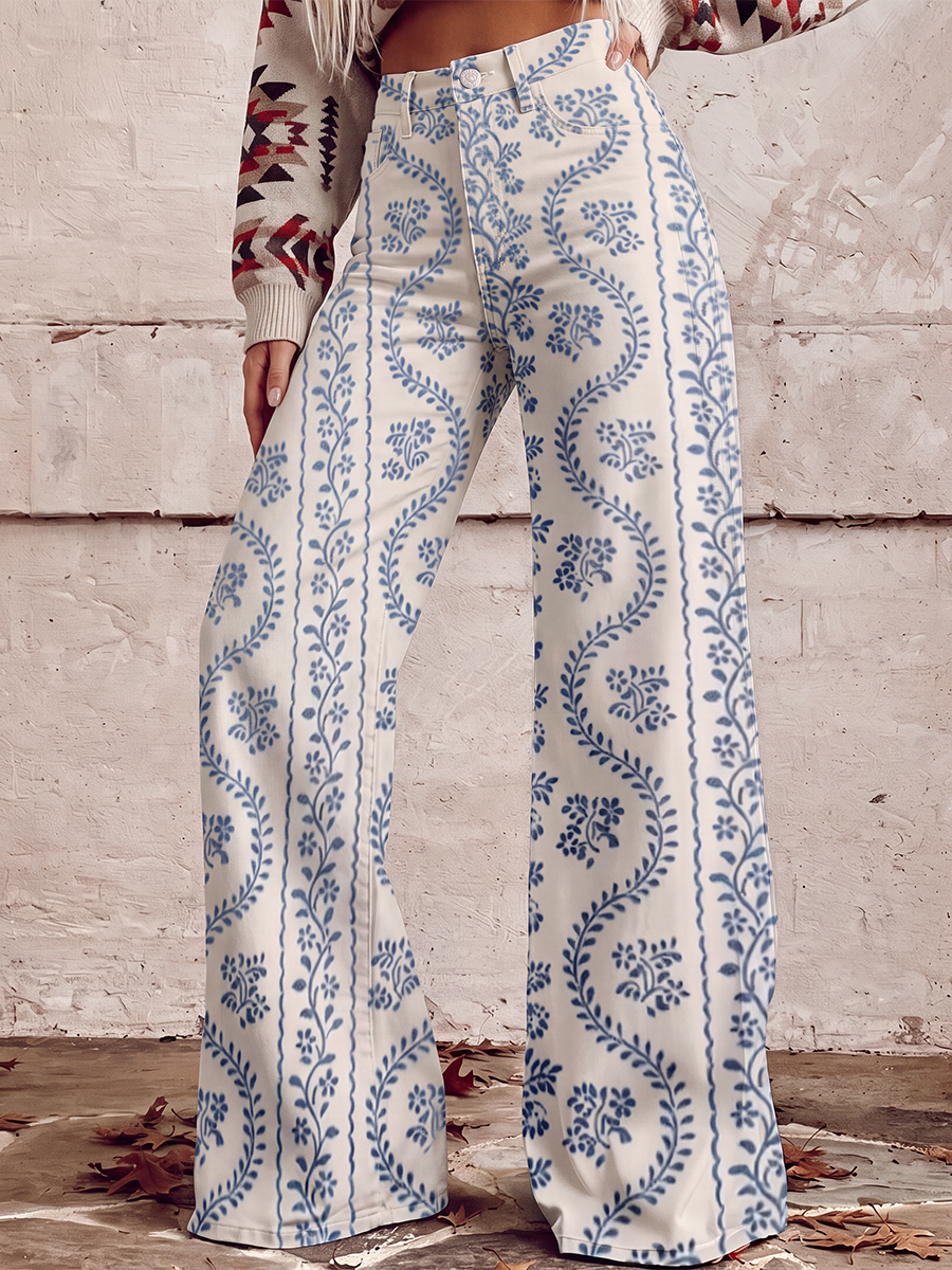 Printed Wide-Leg Plus Size Button-Detail Pants
