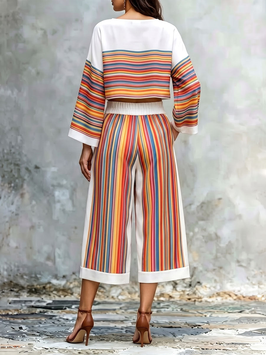 Striped Wide-Leg Cropped Pocket Pants