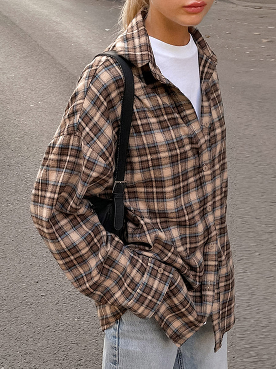Checked Button-Detail Long-Sleeve Relaxed Jacket