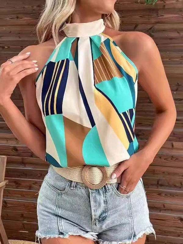 Printed Halter-Neck Pleated Sleeveless Vest