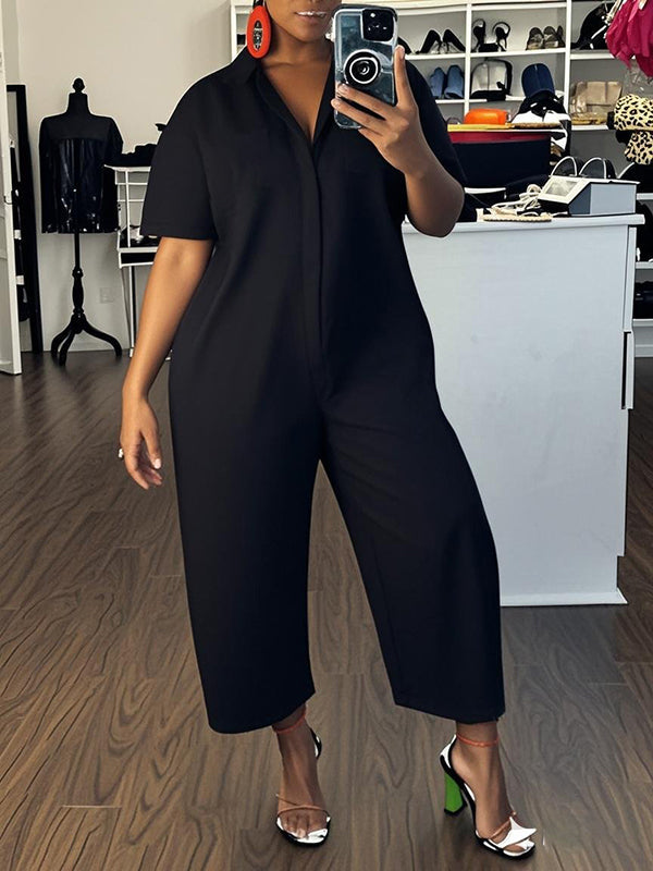 Button-Detail Short-Sleeve Relaxed Jumpsuit