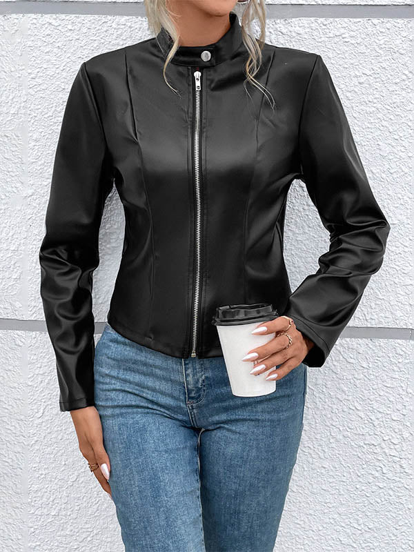 Stand-Collar Button-Detail Zip Long-Sleeve Jacket