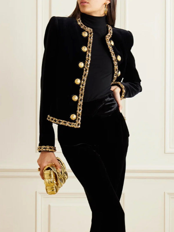 Round-Neck Button-Detail Long-Sleeve Jacket