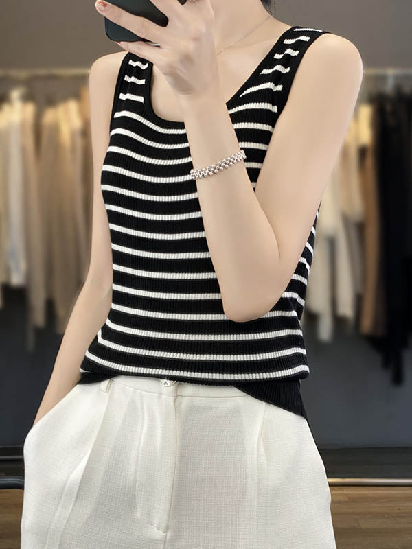 Striped Sleeveless Relaxed Contrast Vest