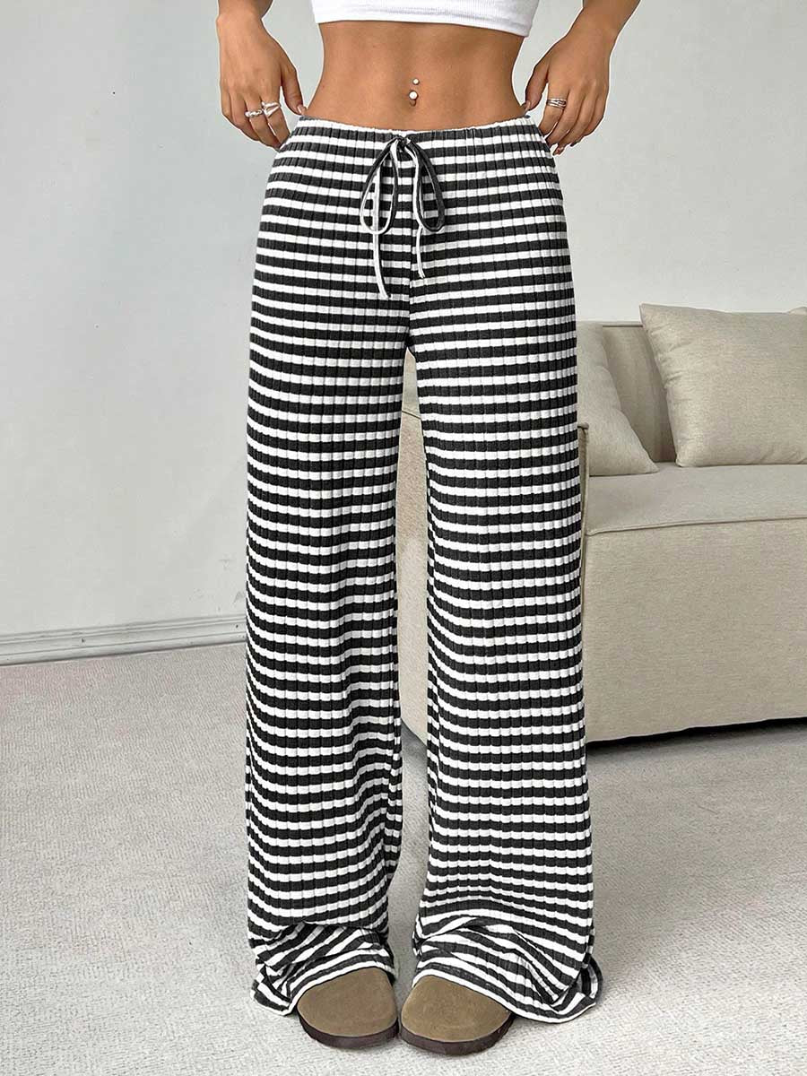 Striped High-Waist Drawstring Contrast Pants