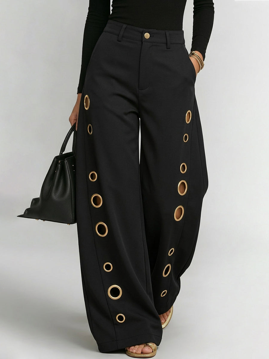 Wide-Leg High-Waist Button-Detail Pocket Pants