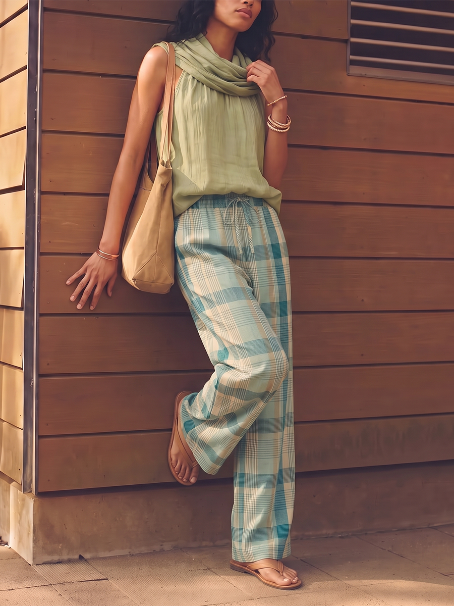 Checked Wide-Leg Pocket Relaxed Pants