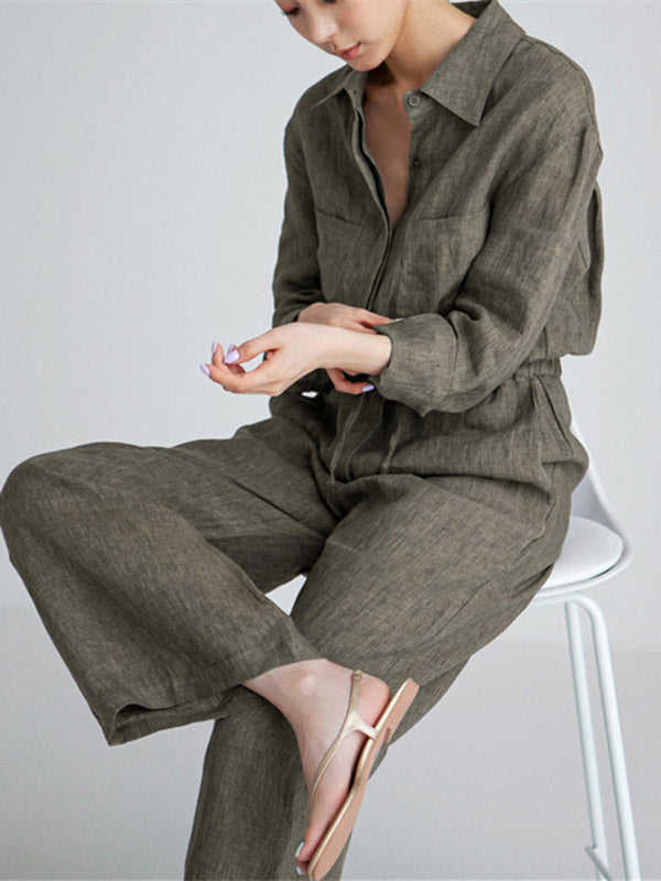 Linen Wide-Leg Drawstring Long-Sleeve Jumpsuit