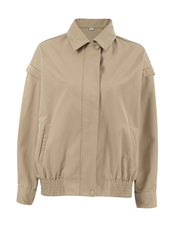 Button-Detail Zip Long-Sleeve Elastic Jacket