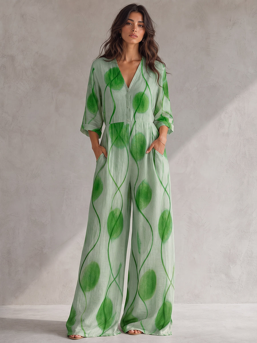 Wide-Leg V-Neck Button-Detail Pocket Jumpsuit
