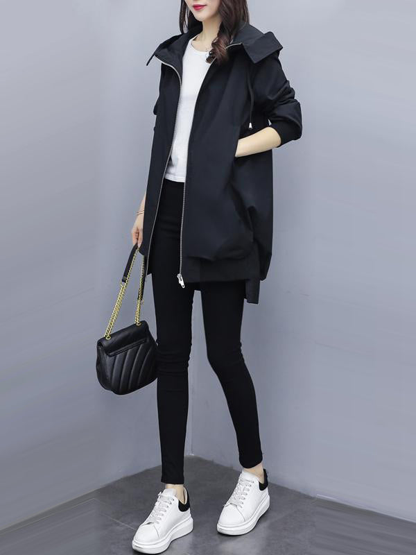 Hooded Pleated Zip Long-Sleeve Jacket