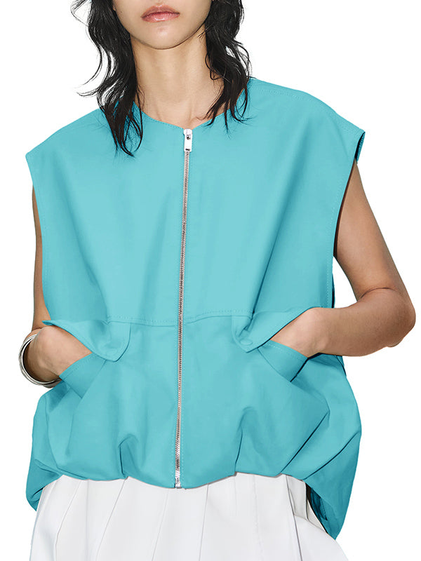 Round-Neck Zip Pocket Sleeveless Vest