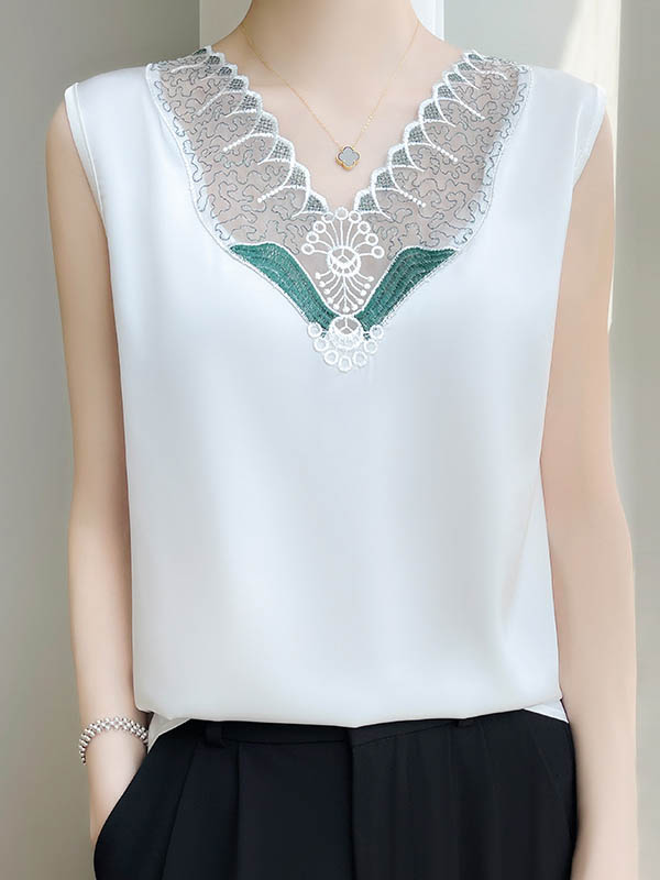 V-Neck Embroidered Sleeveless Relaxed Vest