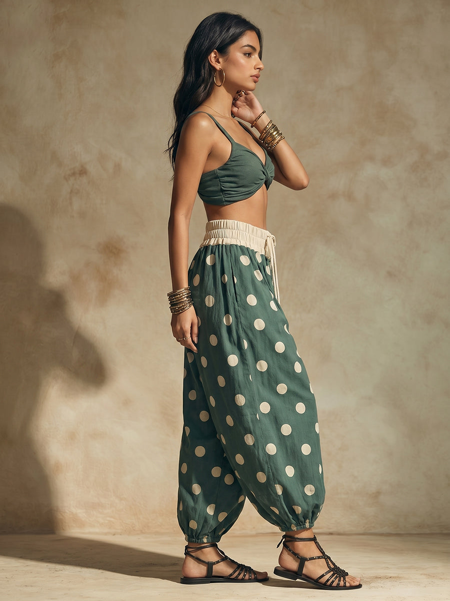 Polka Dot Wide-Leg High-Waist Drawstring Pants