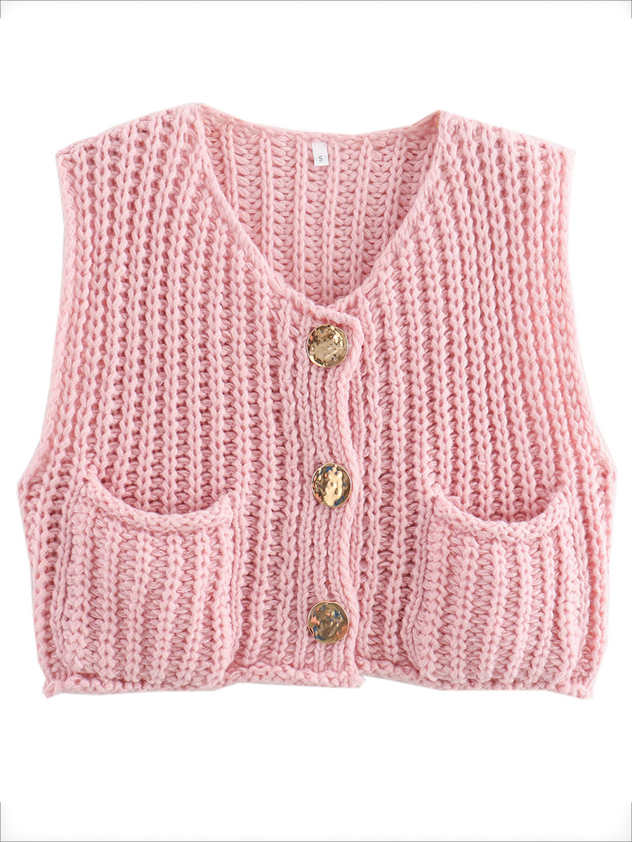 Knit Button-Detail Pocket Sleeveless Cardigan