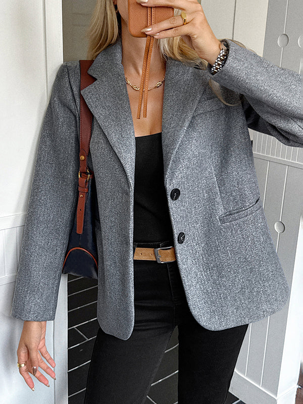 Notch-Collar Button-Detail Pocket Long-Sleeve Jacket