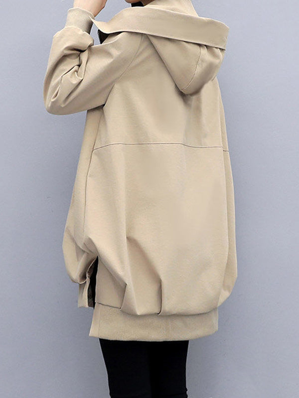 Hooded Pleated Zip Long-Sleeve Jacket