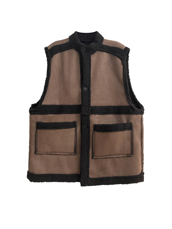 Stand-Collar Button-Detail Pocket Sleeveless Vest