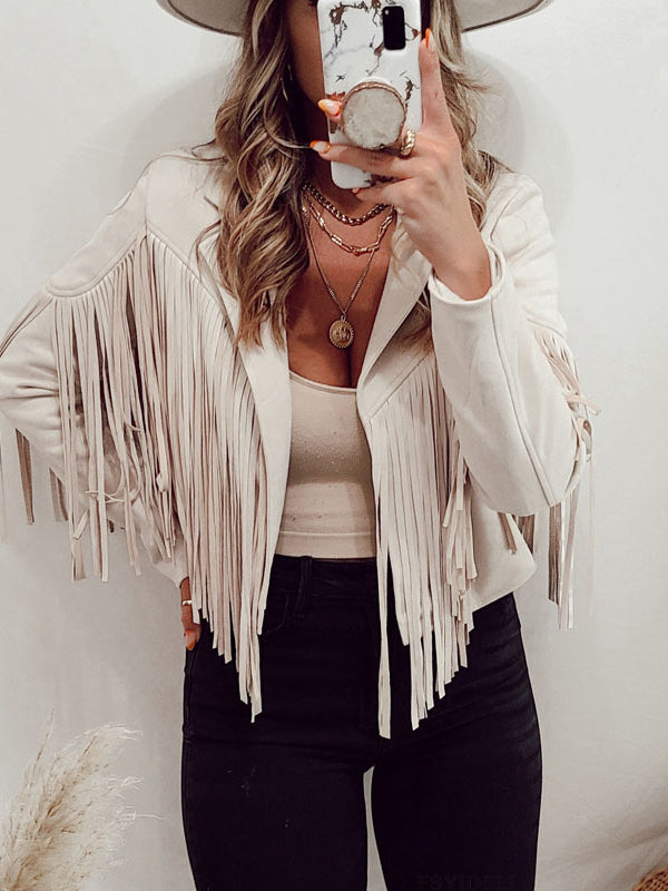 Notch-Collar Fringe Long-Sleeve Jacket