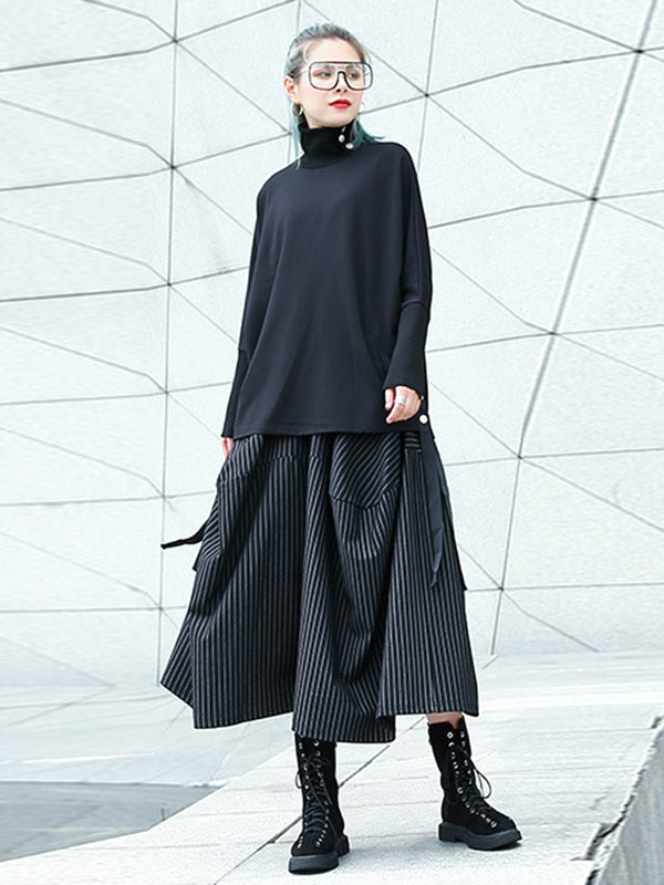 Striped High-Waist Pocket Elastic Culottes