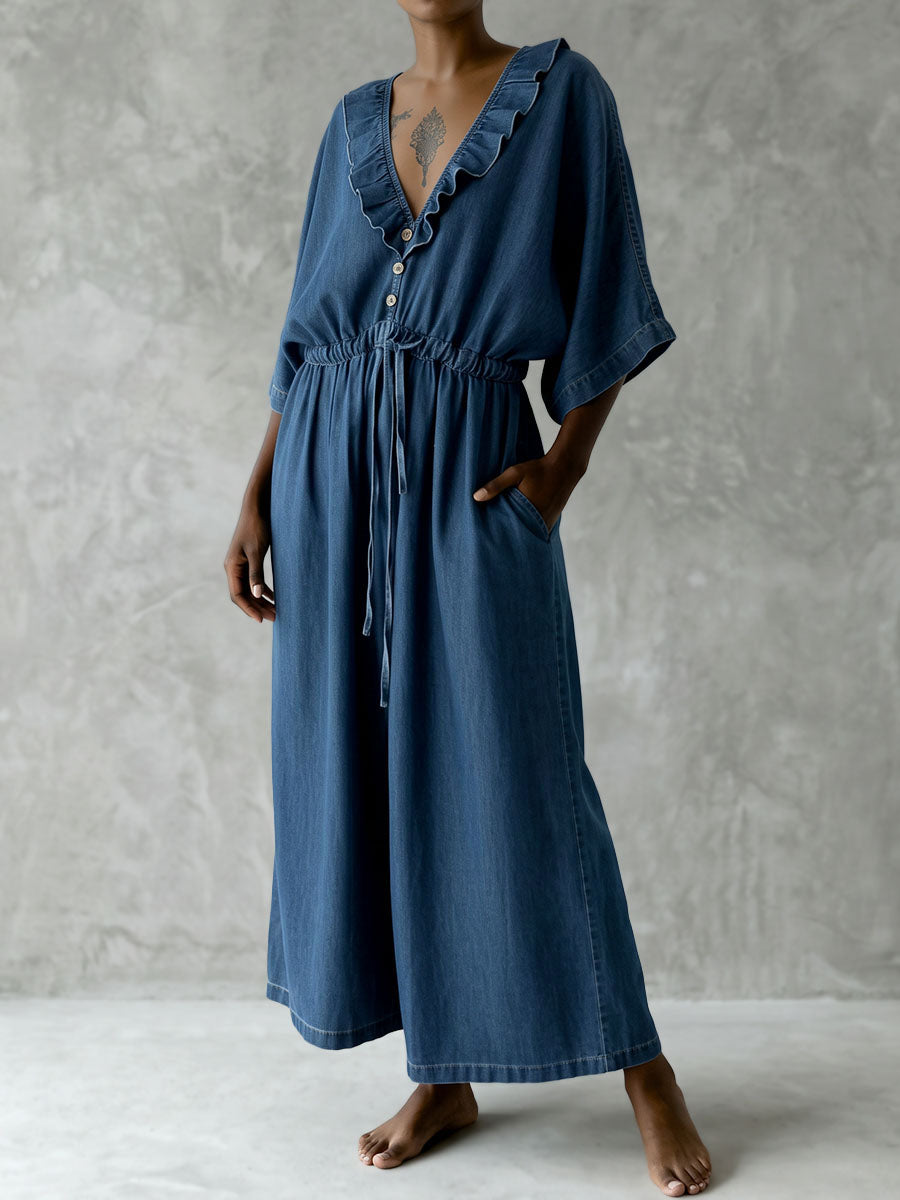 Wide-Leg V-Neck Ruffle Drawstring Jumpsuit