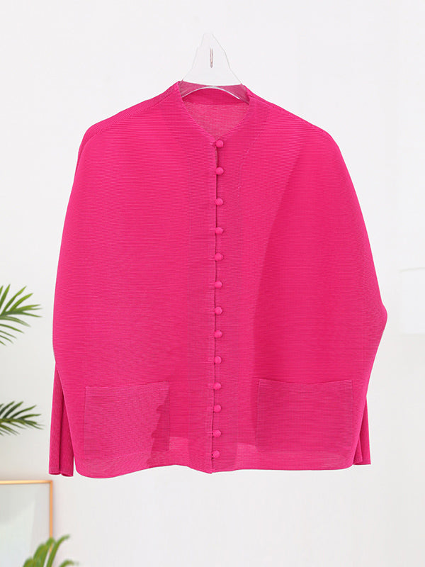 Round-Neck Pleated Button-Detail Pocket Jacket