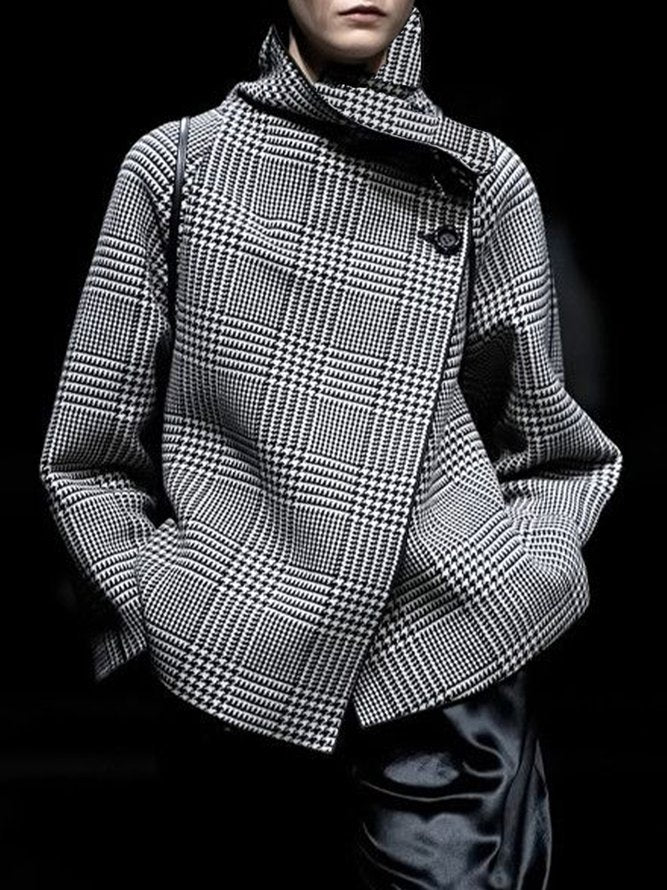 Houndstooth Checked Stand-Collar Asymmetric Jacket