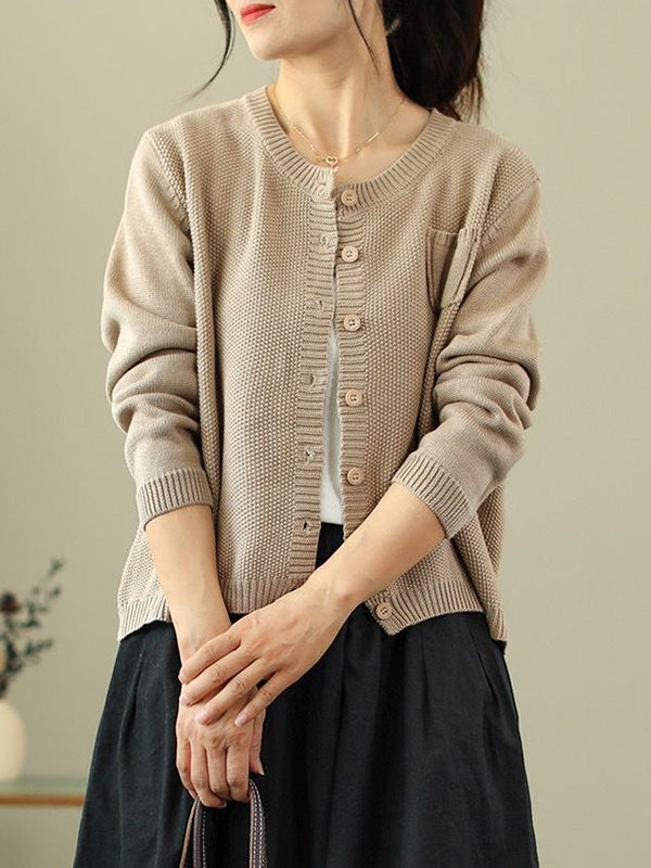 Round-Neck Button-Detail Long-Sleeve Relaxed Cardigan